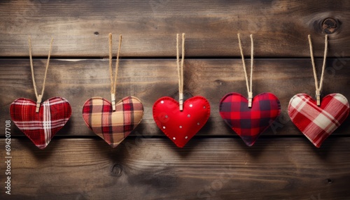 Tartan Love Valentine's hearts different red colors, natural cord and red clips hanging on rustic wooden background, copy space photo