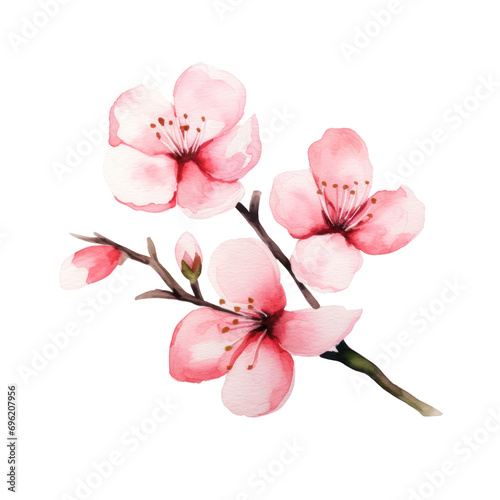 Watercolor illustration of pink cherry blossom isolated on background. PNG transparent background.