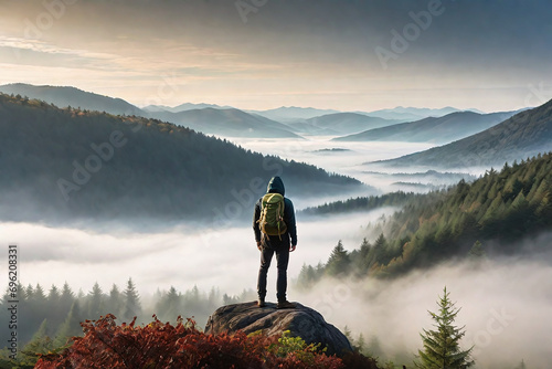 Forest, fog, mountains in the distance, man in the sport hood standing looking back to the deep fog inside the forest. photo
