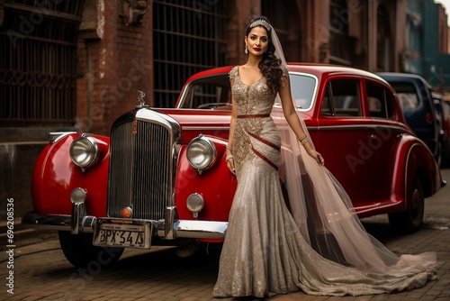 Regal Radiance Bride and Vintage Car © AIstudio1