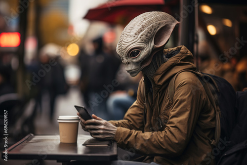 Alien ordinary everyday life. An unearthly creature using a smartphone while sitting in a street cafe, science fiction