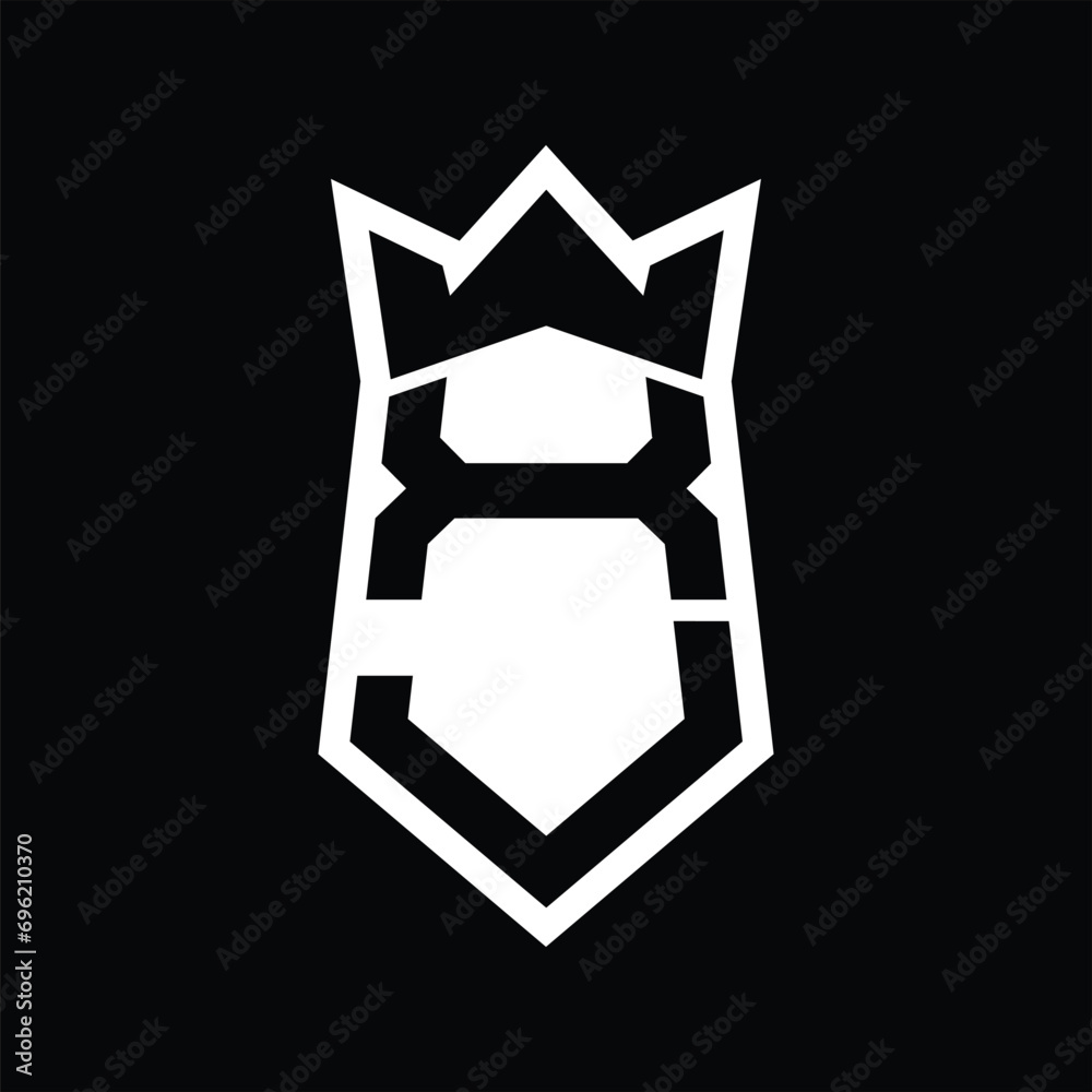 XJ Letter Logo monogram hexagon shield shape up and down with crown isolated style design XJ Letter Logo monogram hexagon shield shape up and down with crown isolated style design