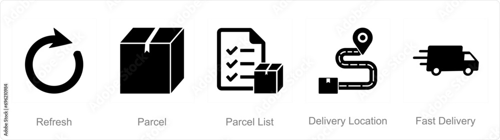 A set of 5 mix icons as refresh, parcel, parcel list A set of 5 mix icons as refresh, parcel, parcel list