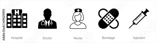 A set of 5 mix icons as hospital, doctor, nurse