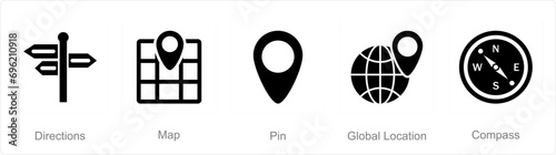 A set of 5 mix icons as directions, map, pin