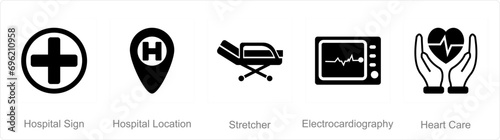 A set of 5 mix icons as hospital sign, hospital location, stretcher