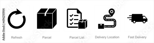 A set of 5 mix icons as refresh, parcel, parcel list
