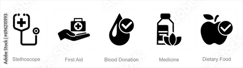 A set of 5 mix icons as stethoscope, first aid, blood donation