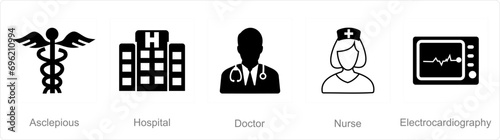 A set of 5 mix icons as asclepious, hospital, doctor