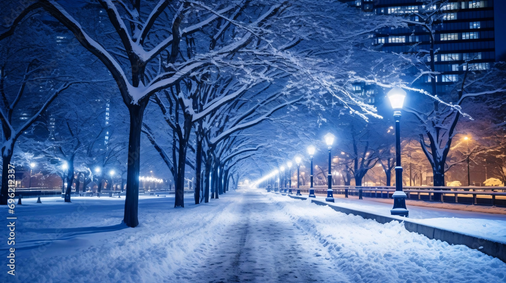 冬の夜の道、雪が積もった道路の風景