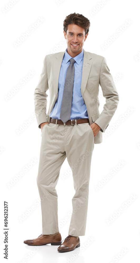 Business, man and portrait in studio of happy financial advisor, professional broker or pride for trading in suit on white background. Confident investment planner in corporate fashion for consulting Business, man and portrait in studio of happy financial advisor, professional broker or pride for trading in suit on white background. Confident investment planner in corporate fashion for consulting