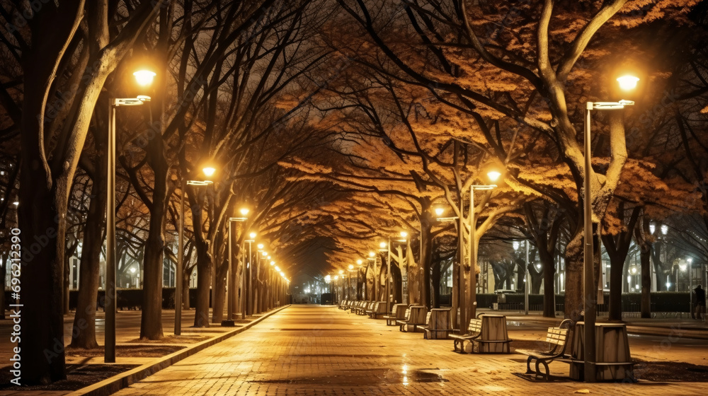 冬の夜の道、街灯と歩道の風景 Stock Photo | Adobe Stock