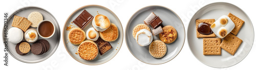 Top view of plates with Smores, marshmallow, chocolate and cookies for the campfire