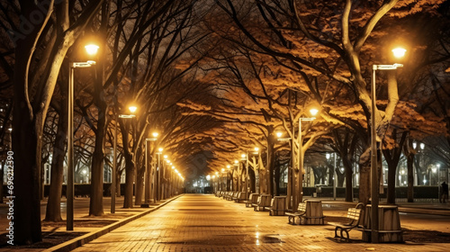 冬の夜の道、街灯と歩道の風景 photo