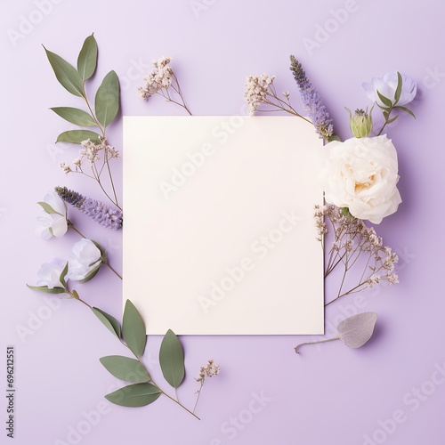 Blank paper greeting card with elegant lilac botanical flower bouquet, wedding reception card, luxury place card mock up