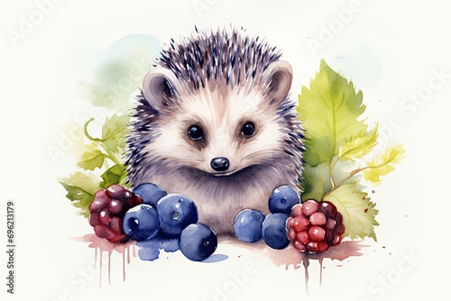 A charming hedgehog surrounded by blueberries and a strawberry photo