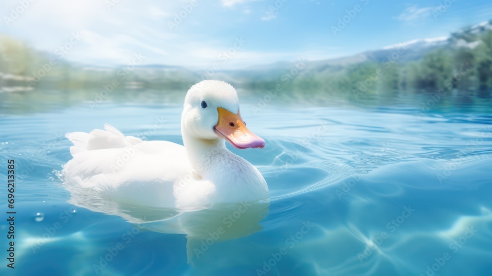 Serene image of a white swan gliding across a pond amidst stunning natural landscapes. Serene image of a white swan gliding across a pond amidst stunning natural landscapes.