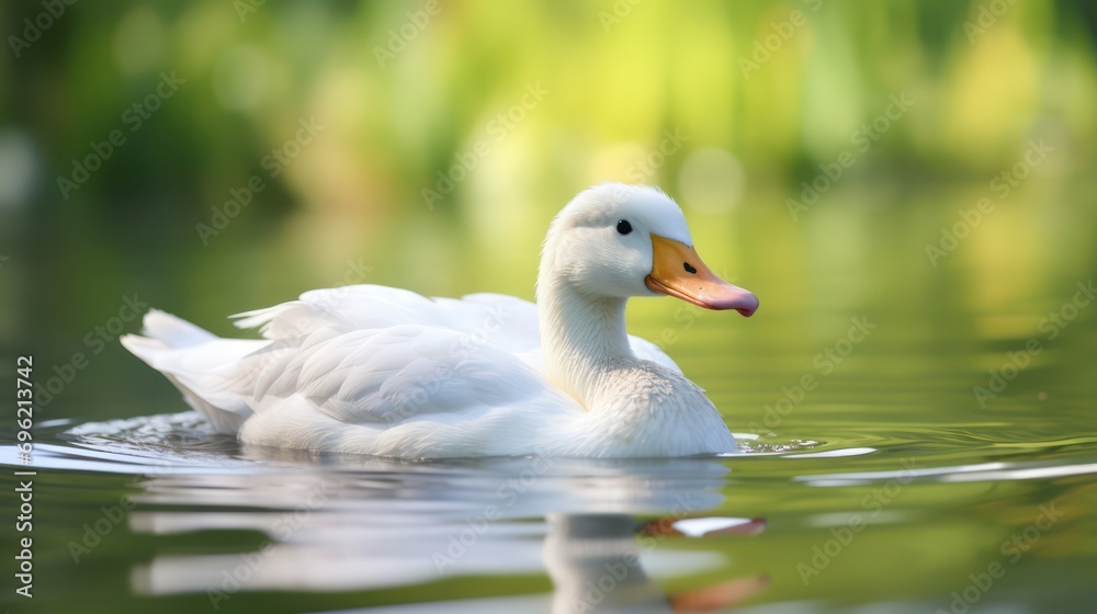 a white swan swimming in a pond with beautiful natural views
