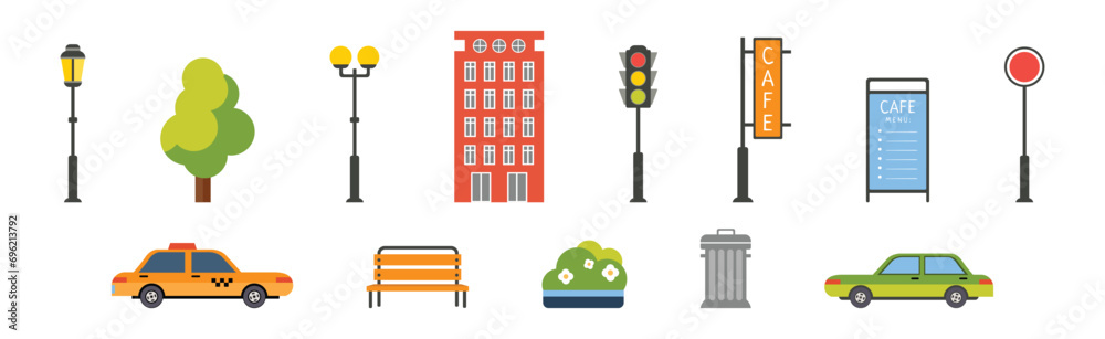 City Landscape Element with Building, Lamppost, Tree, Car, Bench and Dustbin Vector Set