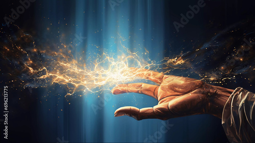 An open hand sticks out into the picture and golden sparks fly out of it, blue background photo
