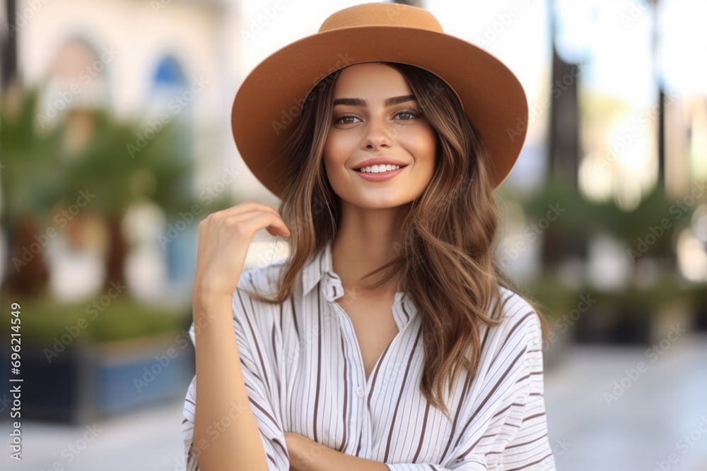Stylish young woman wearing a brown hat, posing and smiling A fictional character created by Generated AI. 