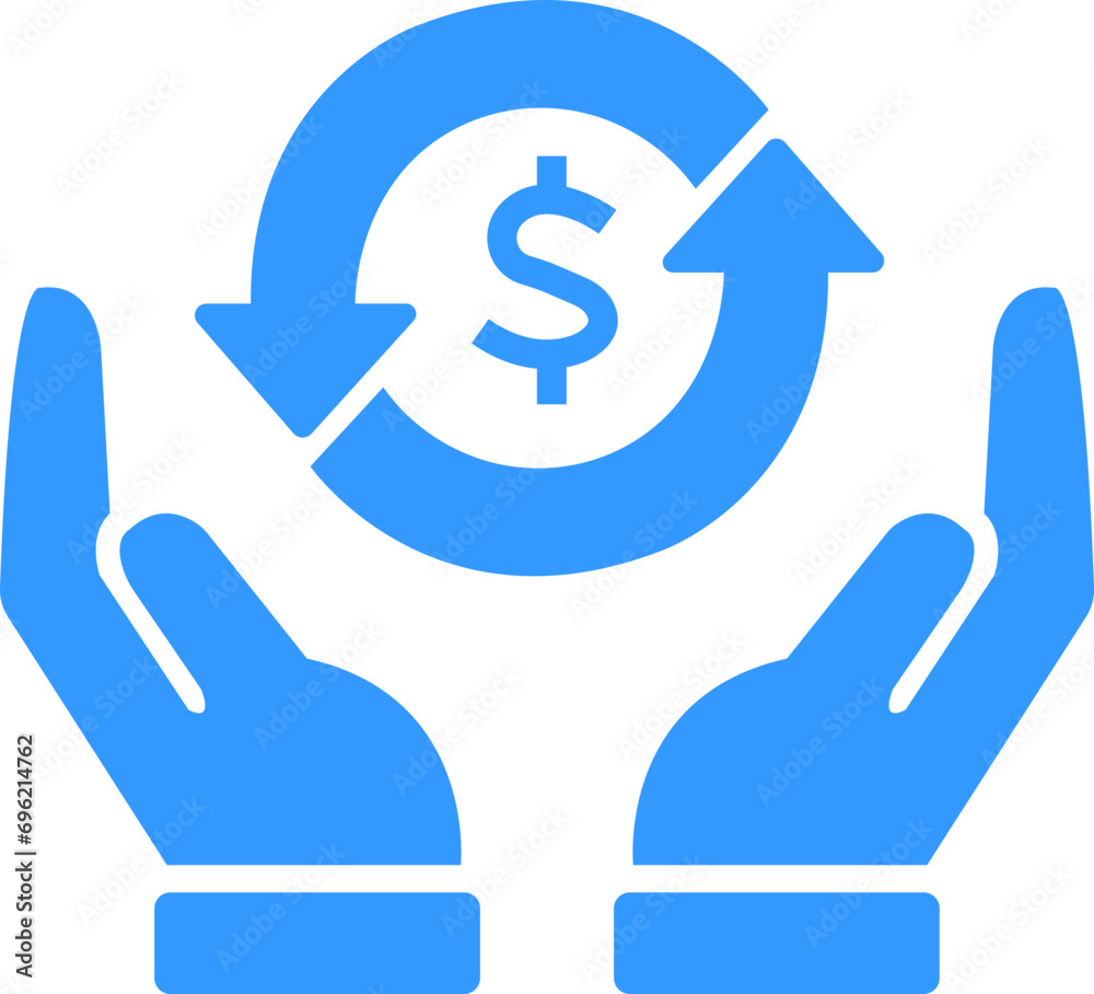 Blue Fill Cashback icon. Money refund symbol. The hand that receives the money return and return on investment on transparent background. Hand hold coin. Dollar coin. Finance sign. Business icon. Blue Fill Cashback icon. Money refund symbol. The hand that receives the money return and return on investment on transparent background. Hand hold coin. Dollar coin. Finance sign. Business icon.