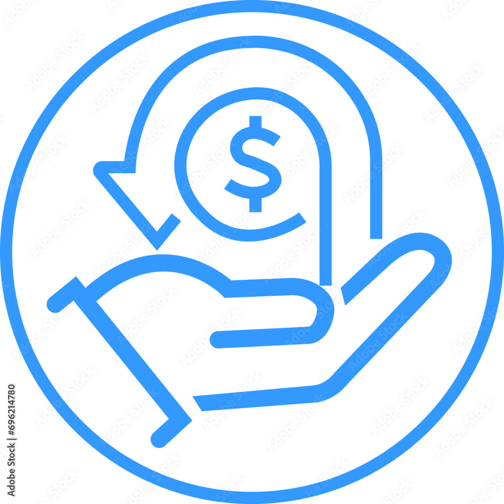 Blue line Cashback icon. Money refund symbol editable stock. The hand that receives the money return and return on investment on transparent background. Hand hold coin. Dollar coin. Finance sign. Blue line Cashback icon. Money refund symbol editable stock. The hand that receives the money return and return on investment on transparent background. Hand hold coin. Dollar coin. Finance sign.