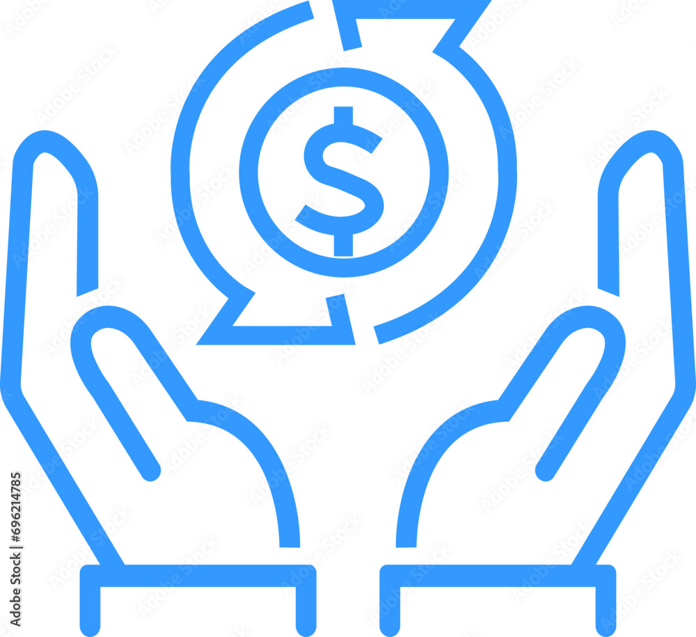 Blue line Cashback icon. Money refund symbol editable stock. The hand that receives the money return and return on investment on transparent background. Hand hold coin. Dollar coin. Finance sign. Blue line Cashback icon. Money refund symbol editable stock. The hand that receives the money return and return on investment on transparent background. Hand hold coin. Dollar coin. Finance sign.