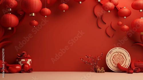Chinese New Year background with red lanterns, gift box and decorations. 3D Render