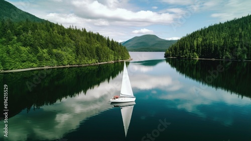 Sailboat Gliding Through Serene Mountain Lake