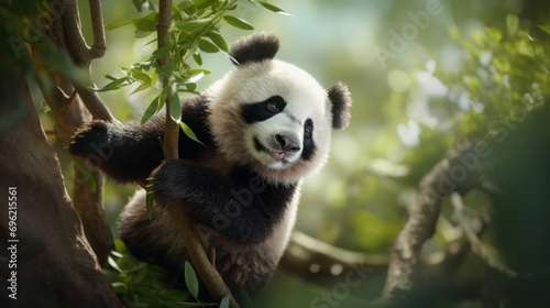 Playful Panda Cub in a Sunlit Forest