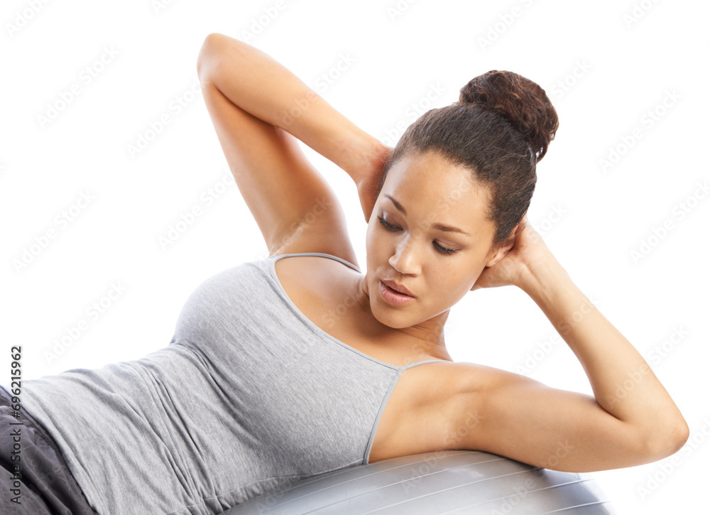 Woman, exercise ball and pilates for core strength, fitness or workout against a white studio background. Face of female person or athlete training on round object, gym equipment or stretching body Woman, exercise ball and pilates for core strength, fitness or workout against a white studio background. Face of female person or athlete training on round object, gym equipment or stretching body