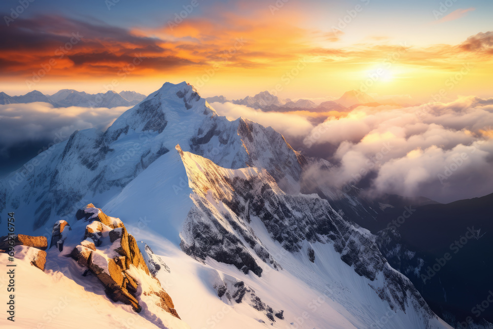 A mountaintop sunrise, with the first golden rays peeking over snow