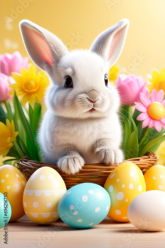 Easter holiday concept. Happy easter greeting card with bunny, colourful eggs and spring flowers.