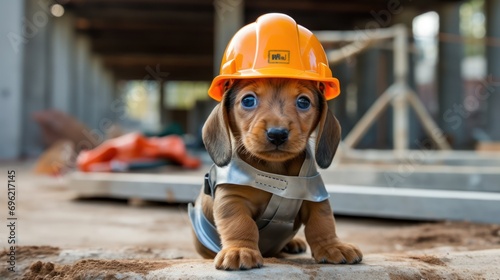 A playful image of a puppy dressed as a builder, complete with a safety helmet, at a construction site. photo