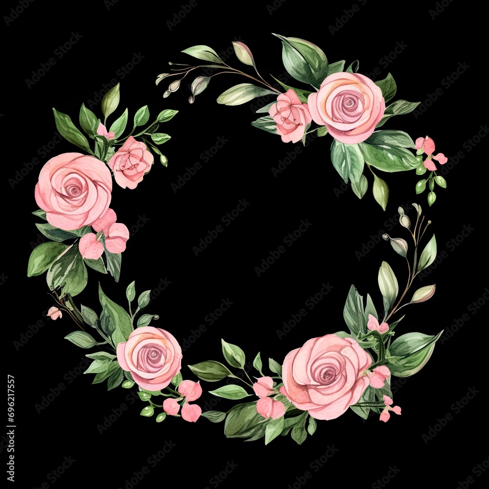 Round frame with pink flowers on a black background