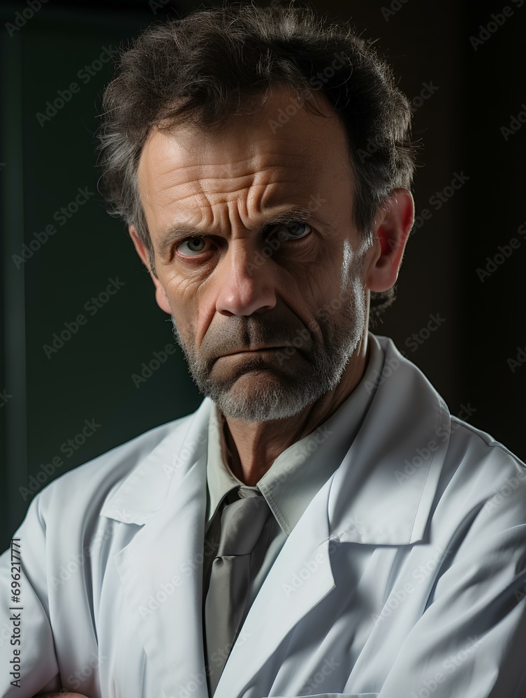 grumpy looking doctor in lab coat. a medical professor with a stubborn look and a tricky personality. generative AI