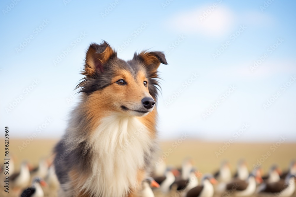 shetland sheepdog amidst a flock on a clear day