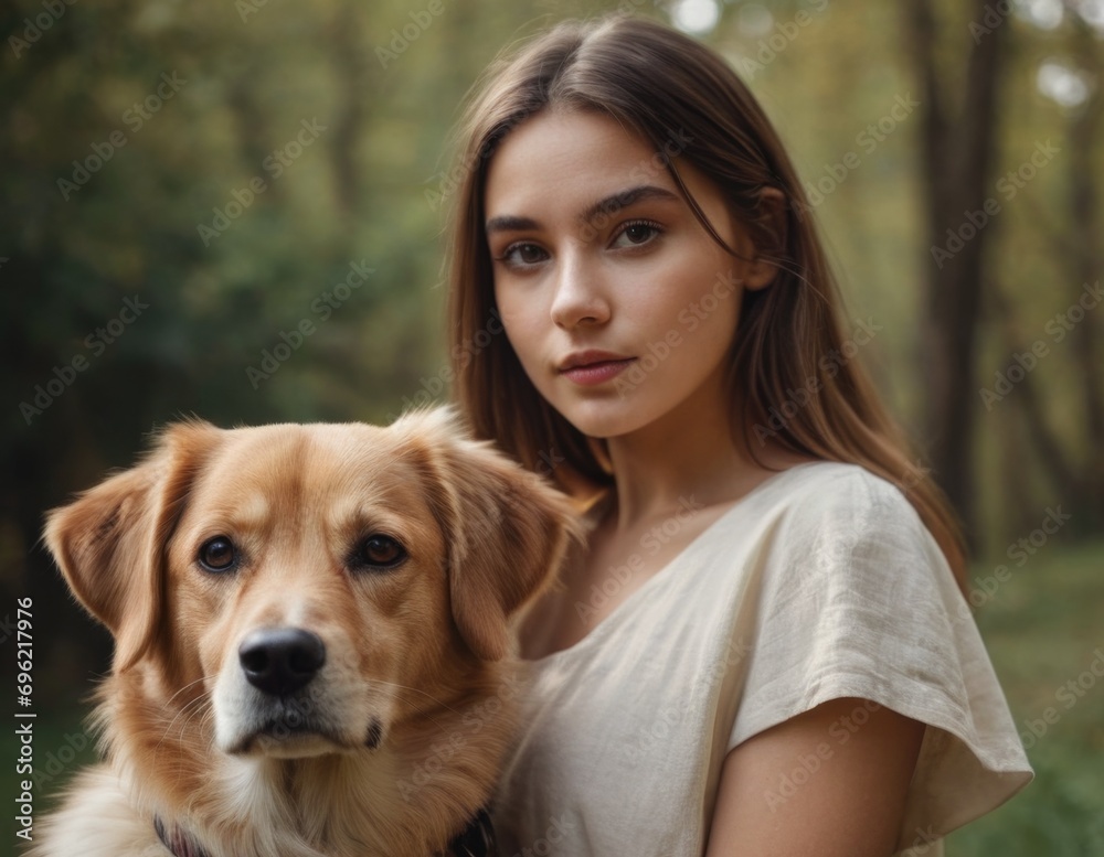 Portrait of a young beautiful woman with her beloved dog. AI generation