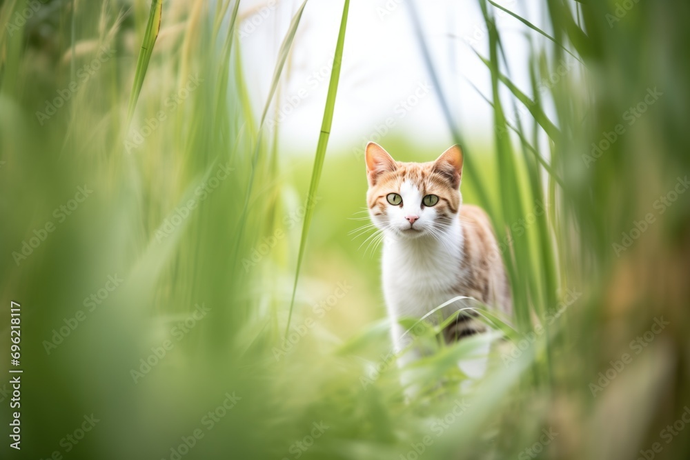 farm cat stalking through tall grass