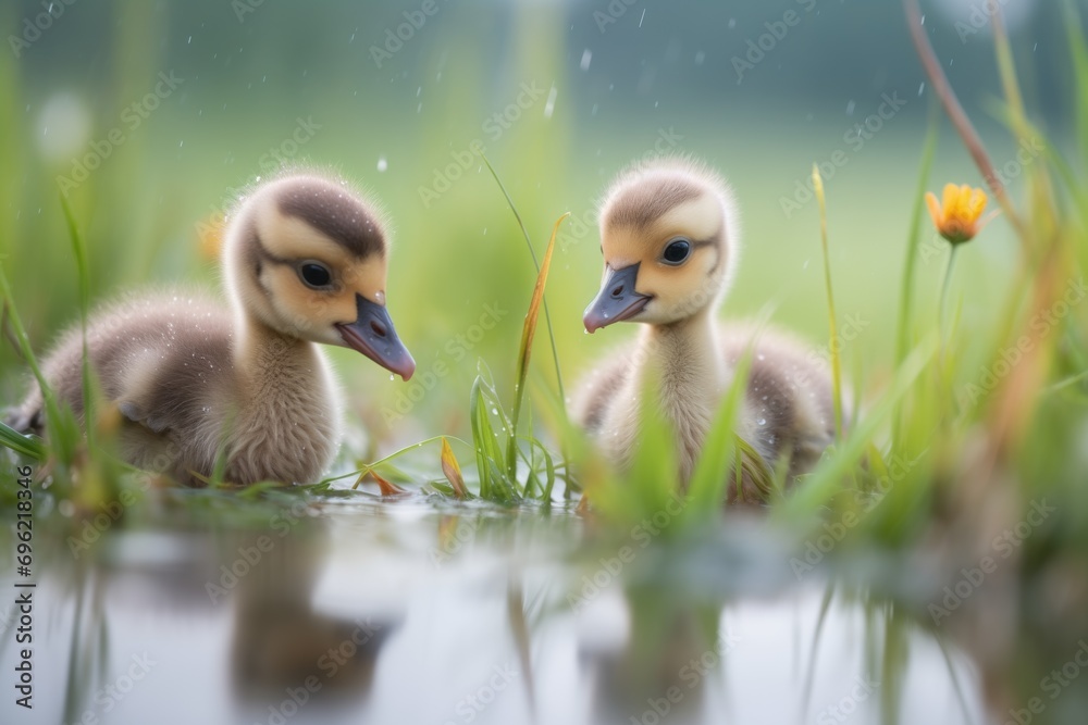 goslings with wet feathers by a dewy meadow goslings with wet feathers by a dewy meadow