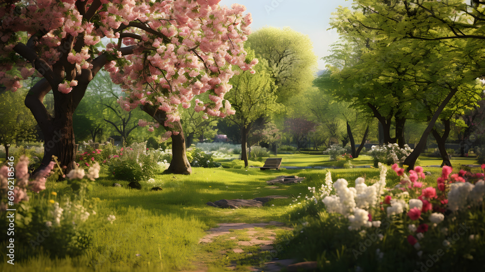 Naklejka premium Families in the park having a spring easter egg hunt with budding apple blossoms trees has both small and large trees on the lawn in the morning with flower beds and blooming flowers of various colors