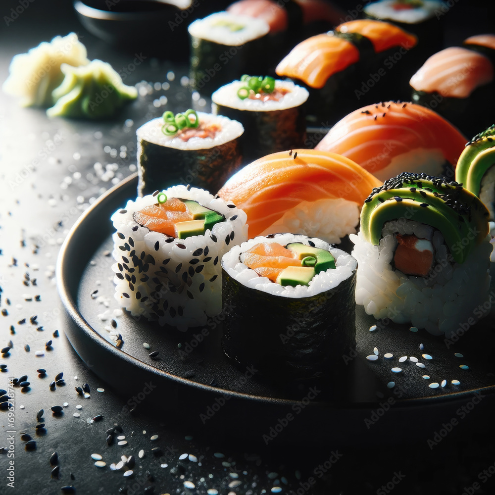 Sushi rolls set on a black plate. Concept of japanese food, healthy food, freshness seafood. Illustration of tasty lunch, dinner, appetizer. Trendy food photography style, beautiful laying, close up. Sushi rolls set on a black plate. Concept of japanese food, healthy food, freshness seafood. Illustration of tasty lunch, dinner, appetizer. Trendy food photography style, beautiful laying, close up.