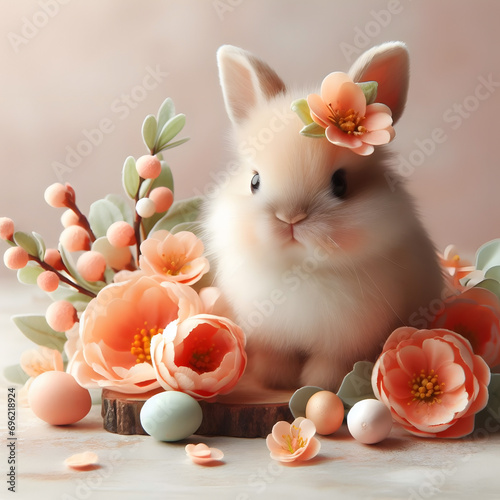 Generative AI Easter bunny with eggs and peach color flowers © EsaHiltula