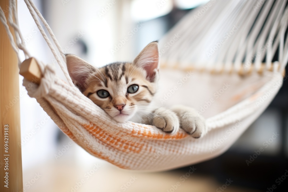 tabby kitten curled on a small hammock indoors