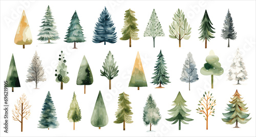 Watercolor Christmas pine trees illustrations set photo