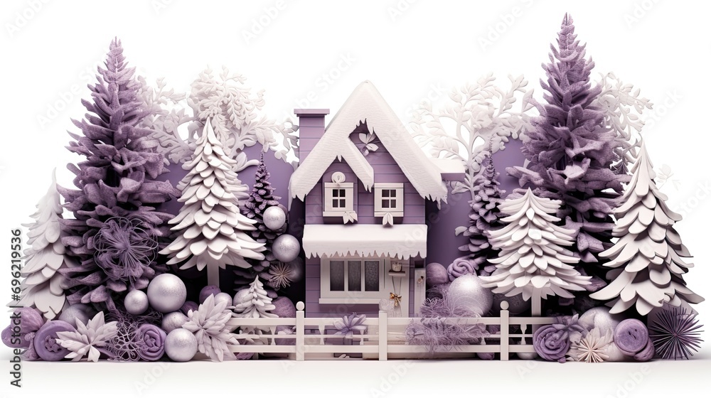 A Pink House in a Snowy Christmas Tree Forest