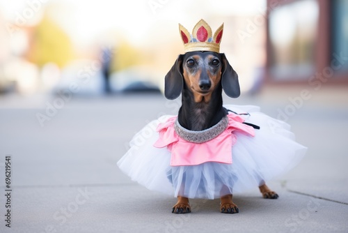 dachshund in a tutu skirt with a tiara