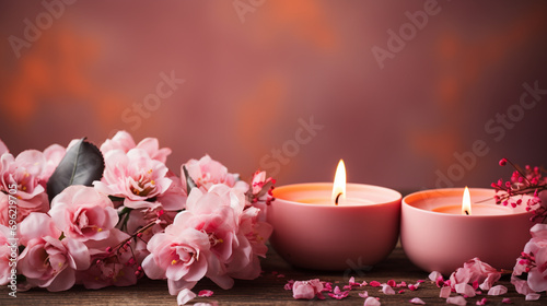 Valentine's Day Candles Background with Gorgeous Pastel Flowers - On Romantic Textured Pink Vintage Backdrop - With Copy Space - Side Angle