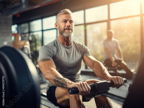 Mature man exercising on a rowing machine. Concept of lifelong fitness and vitality.